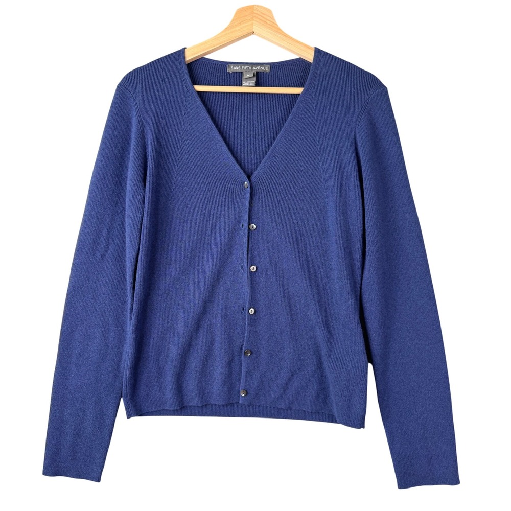 Saks Fifth Avenue 100% Cashmere V-Neck Ribbed Cardigan Sweater Blue Medium
